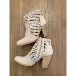 Women's Gray Suede Laser Cut Side Zip Block Heel Ankle Boots